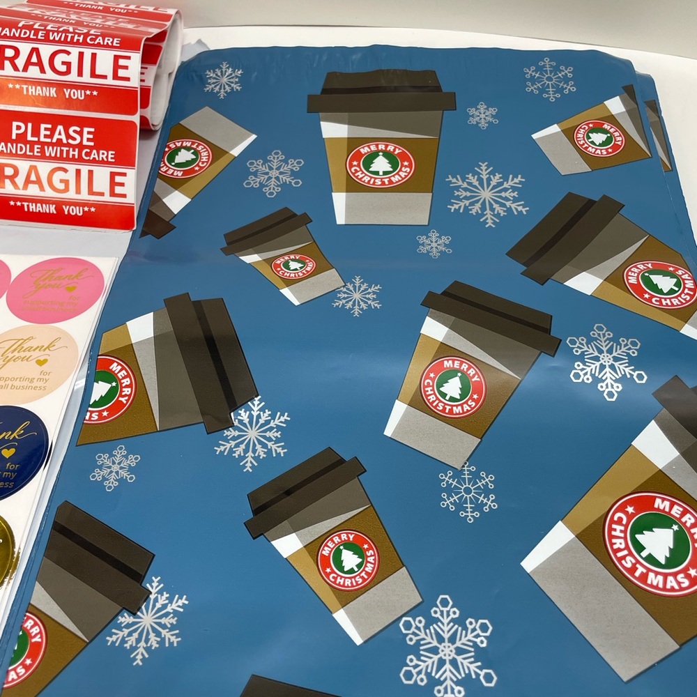Christmas  Coffee Cup  with Snowflakes Poly Mailers, Thank You Stickers Bundle